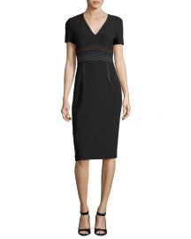 Diane von Furstenberg Short-Sleeve V-Neck Tailored Sheath Dress Topstitching at Neiman Marcus